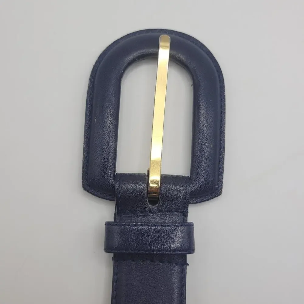 VTG Liz Claiborne Belt Small Navy Blue Leather Sculptural Buckle Dress 80s 90s